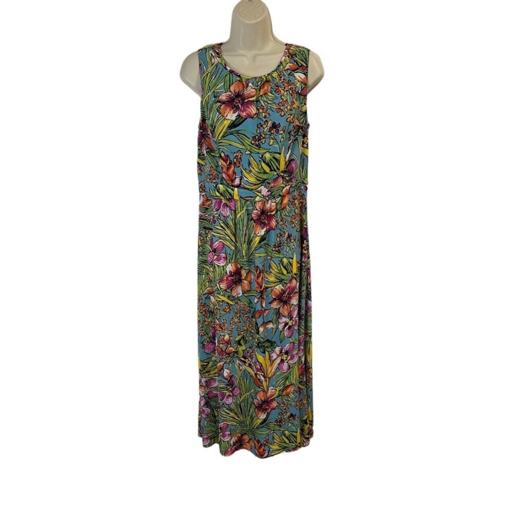 Talbots Dress Size 8P Midi Floral Colorful Blue Green Pink Tropical Chiffon